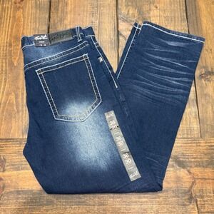 True Luck Jeans Mens 36x30 Straight Dark Wash faded Denim Classic Stretch NWT